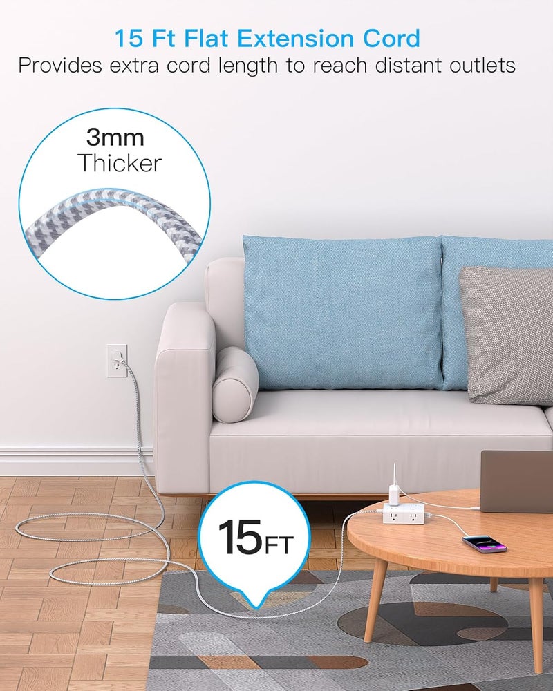 One Beat Surge Protector Power Strip 15 Ft Cord, Ultra Thin Flat Extension Cord with 8 Outlets 4 USB Ports(2 USB C), Flat Plug Power Strip, 15 Ft Long Braided Power Cord for Home, Office, Dorm Room Essentials - Image 2